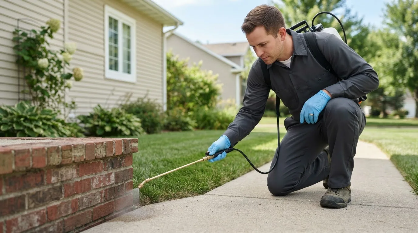Pest control technician treating a home near Meadow Lands, PA